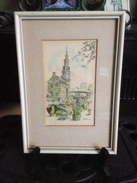 Litho en aquarel van de Munttoren en Montelbaantoren, Antiek en Kunst, Kunst | Litho's en Zeefdrukken, Verzenden