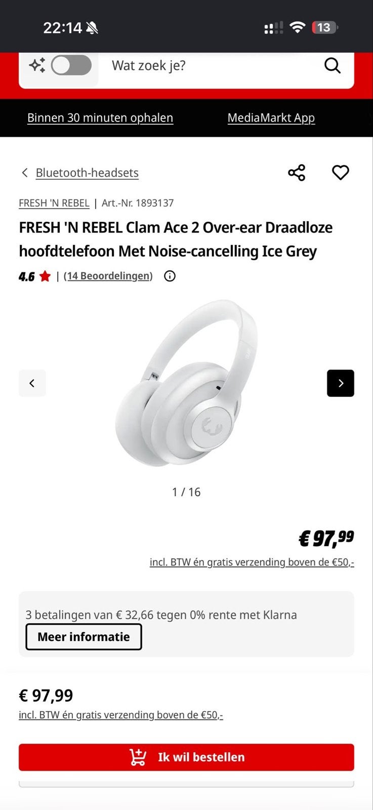 Fresh 'n Rebel Clam ACE 2 draadloze NC koptelefoon wit, Audio, Tv en Foto, Fresh 'n Rebel, Nieuw, Ophalen of Verzenden, Wit