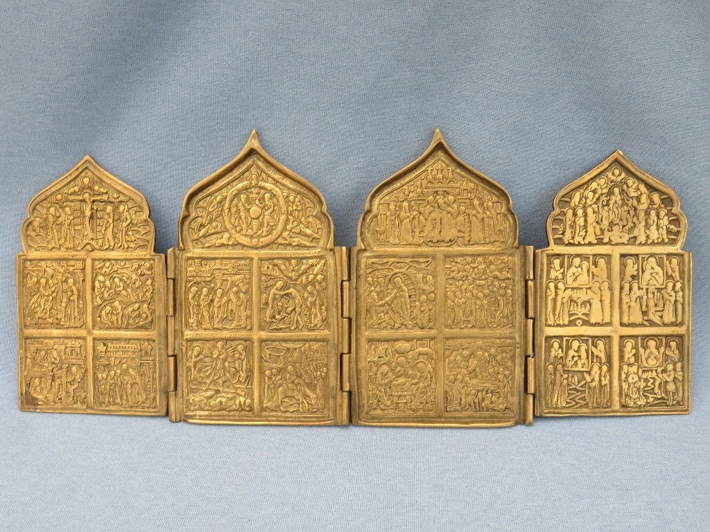 Bronzen vierluik icoon - Rusland - midden 19e eeuw, Ophalen of Verzenden