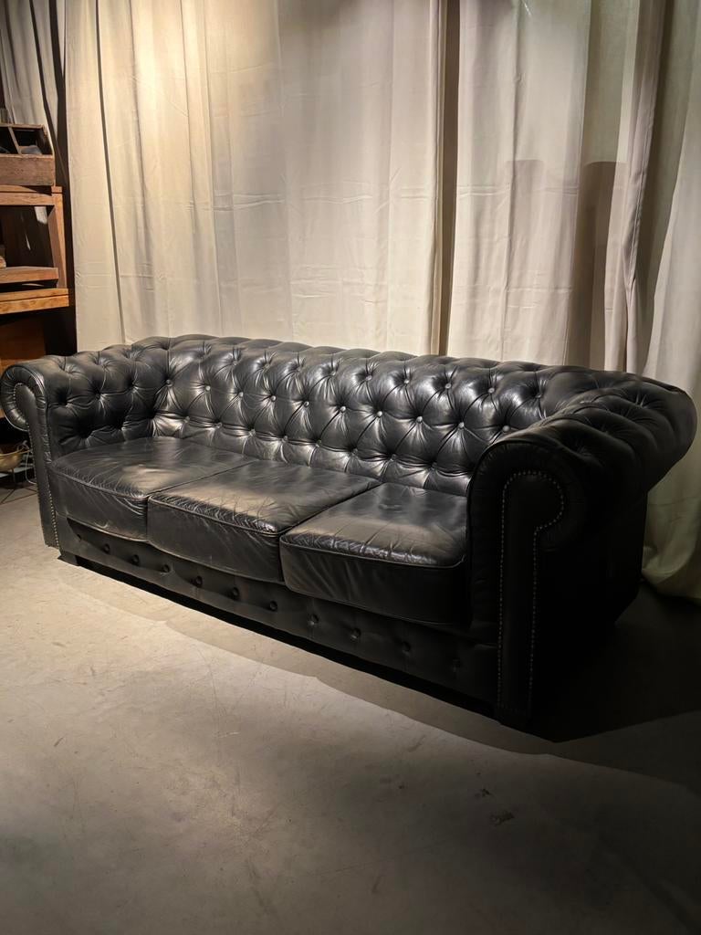 Chesterfield 3 zits Bank Zwart, Gebruikt, Driepersoons, Rechte bank, Chestterfield