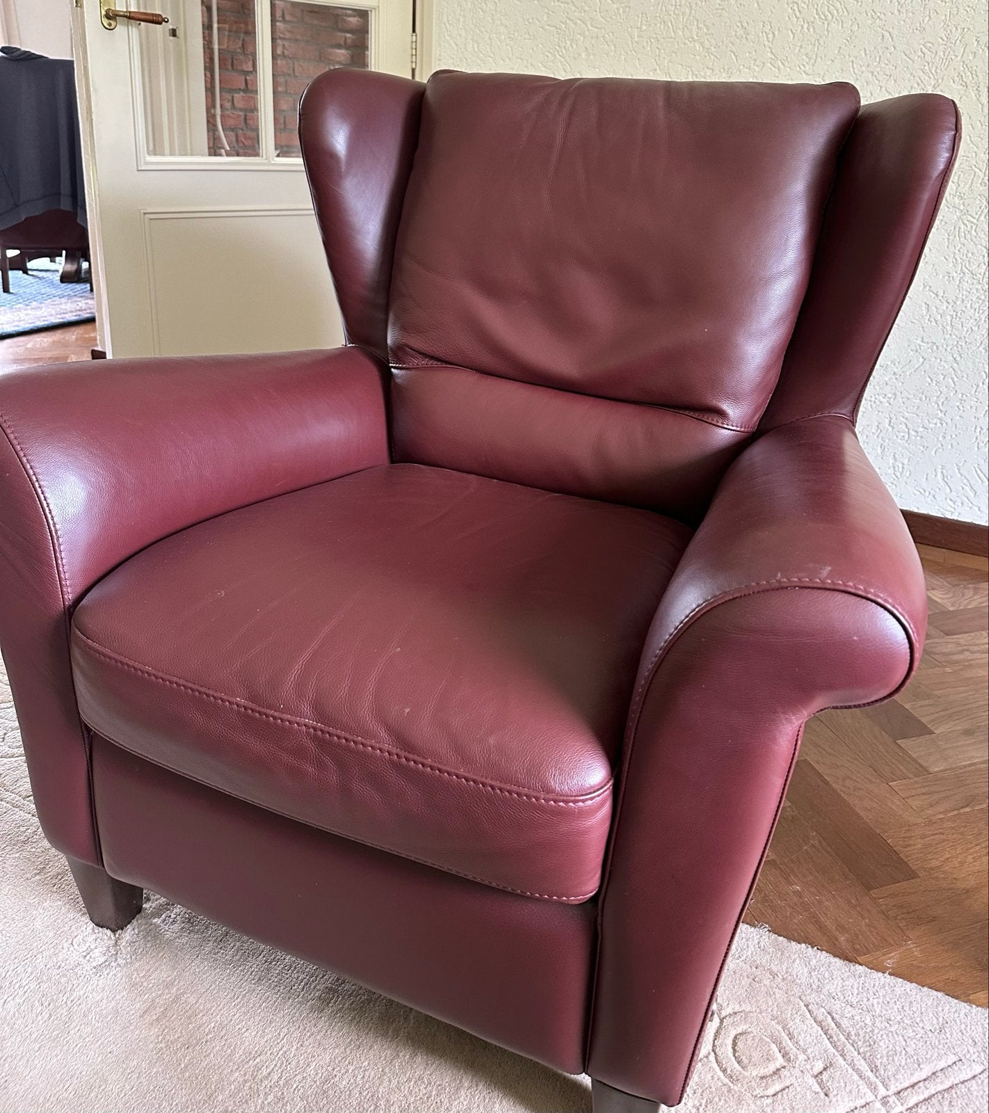 Bordeauxrood lederen fauteuil, Ophalen, Zo goed als nieuw, 75 tot 100 cm, 50 tot 75 cm
