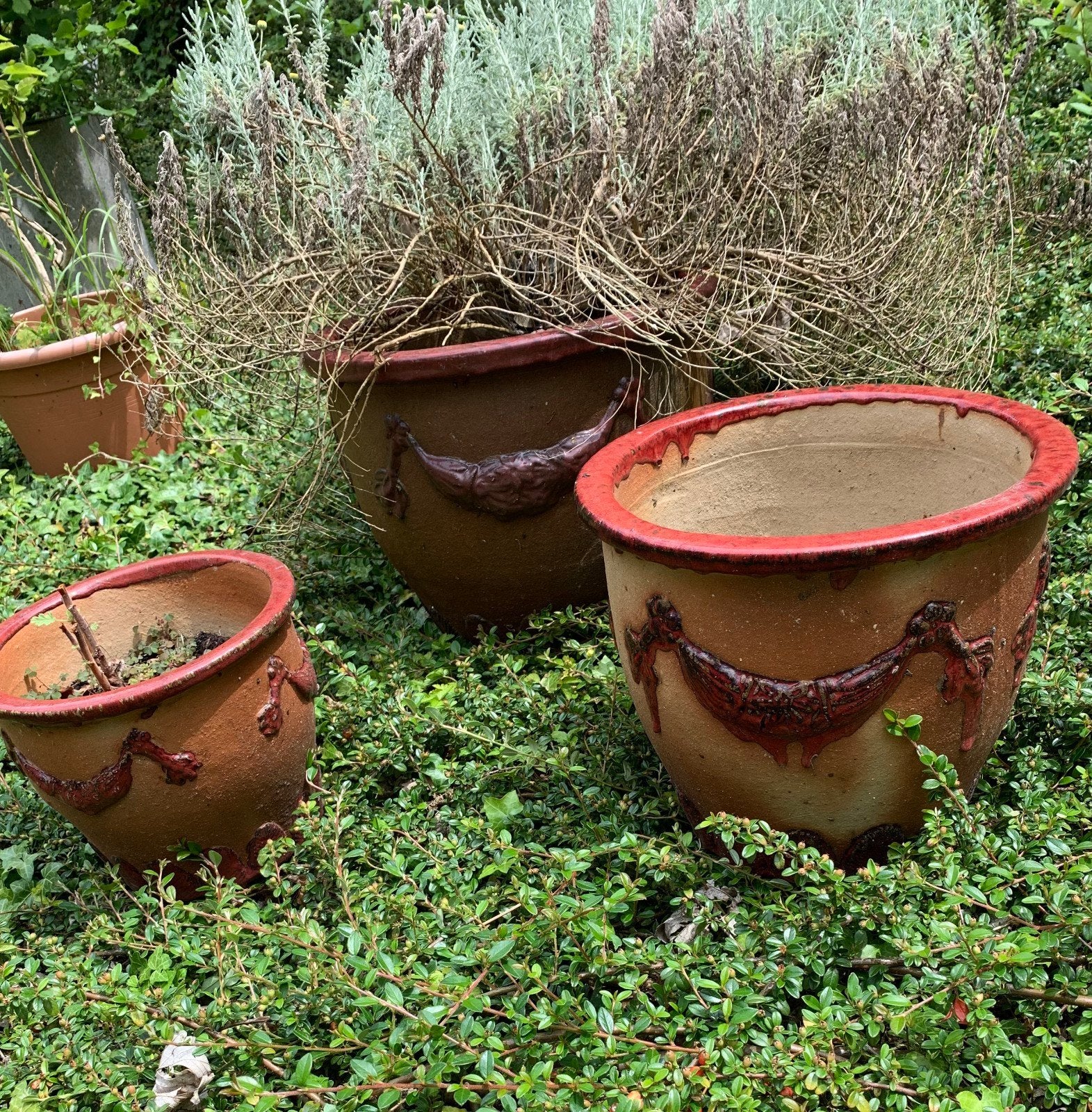 Set van 3 aardewerken bloempotten met wijnrode rand, Ophalen, Gebruikt, 40 cm of meer, Rond