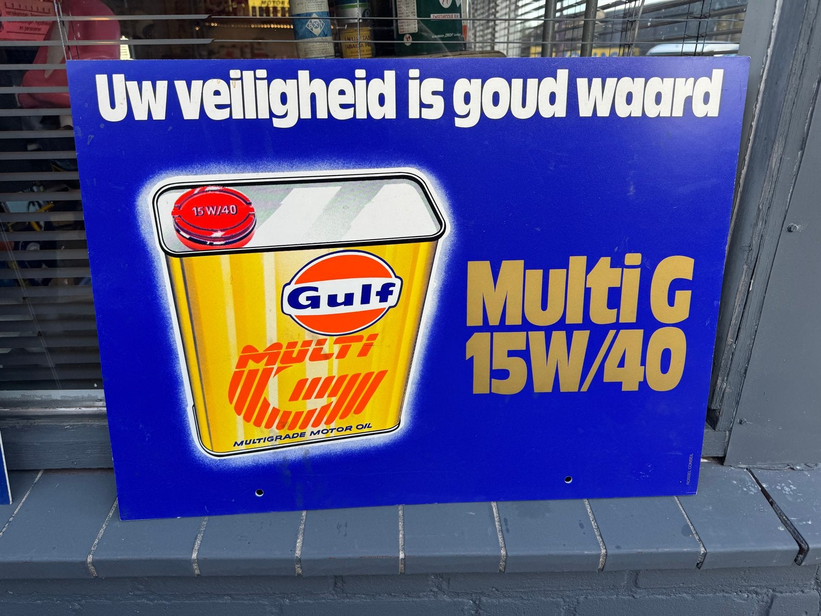 Vintage Gulf Multi G 15W/40 Reclamebord - Uw veiligheid is g, Reclamebord, Gebruikt, ., Ophalen of Verzenden