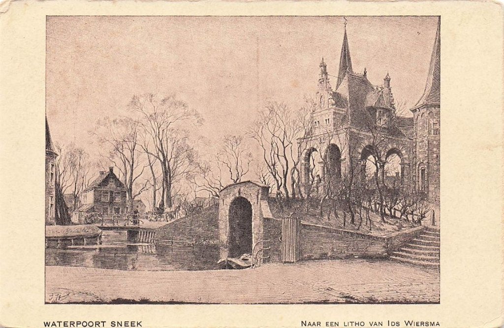 703-360-045 Waterpoort Sneek naar een litho van Ids Wiersma, Verzenden, Voor 1920, Friesland