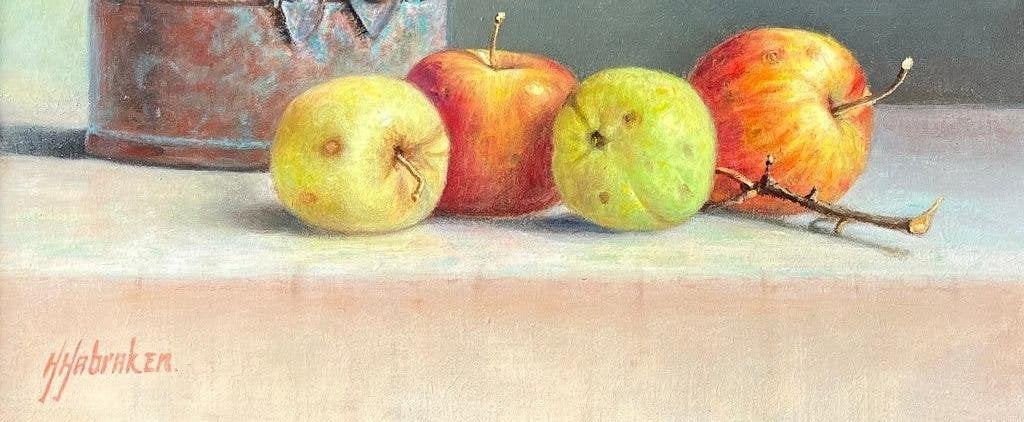 Oude pan en appels op tafel. Hans Habraken., Paneel, Stilleven, Ophalen of Verzenden, Olieverf