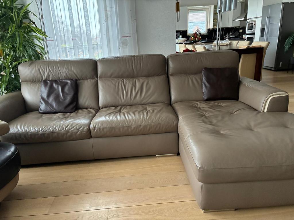 Leren bank met chez longe, Ophalen, 250 tot 300 cm, Gebruikt, Hoekbank