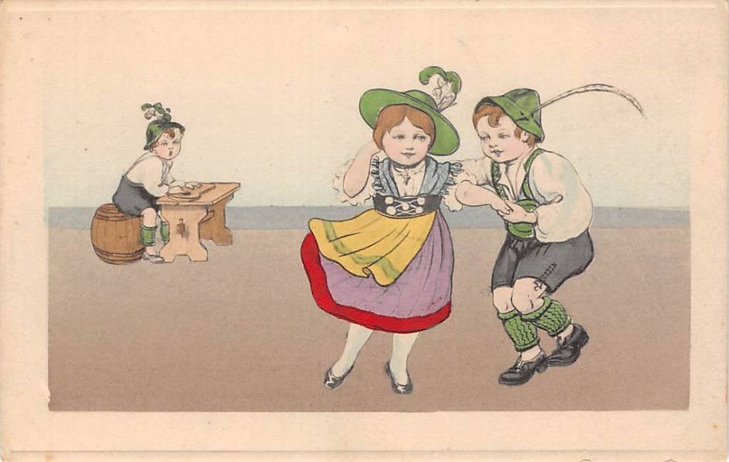 Fantasie Dansend paartje Lederhosen Duitsland Vintage Kind 3, Ophalen of Verzenden, Voor 1920, Kinderen