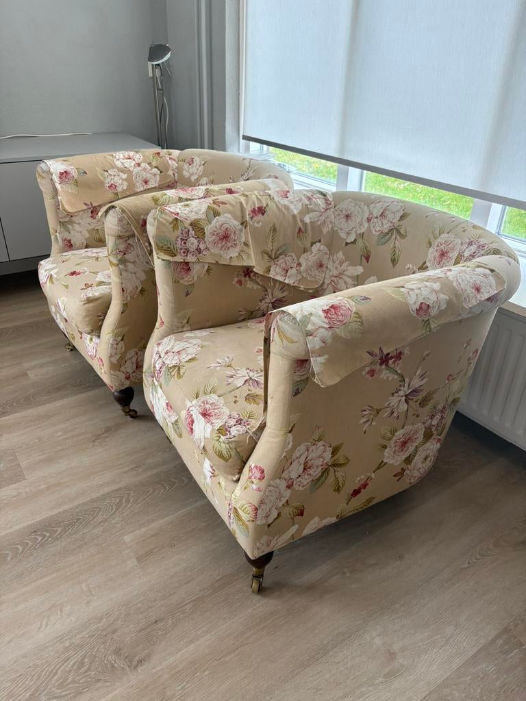 Twee Engelse club fauteuils rozenmotief, Ophalen, Gebruikt, 75 tot 100 cm, Stof