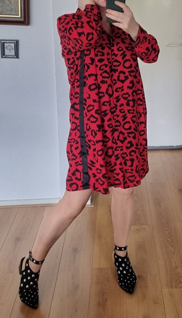 NIEUWE JUFFROUW JANSEN rood jurk met luipaard print, Verzenden, Maat 46/48 (XL) of groter, Nieuw, Knielengte