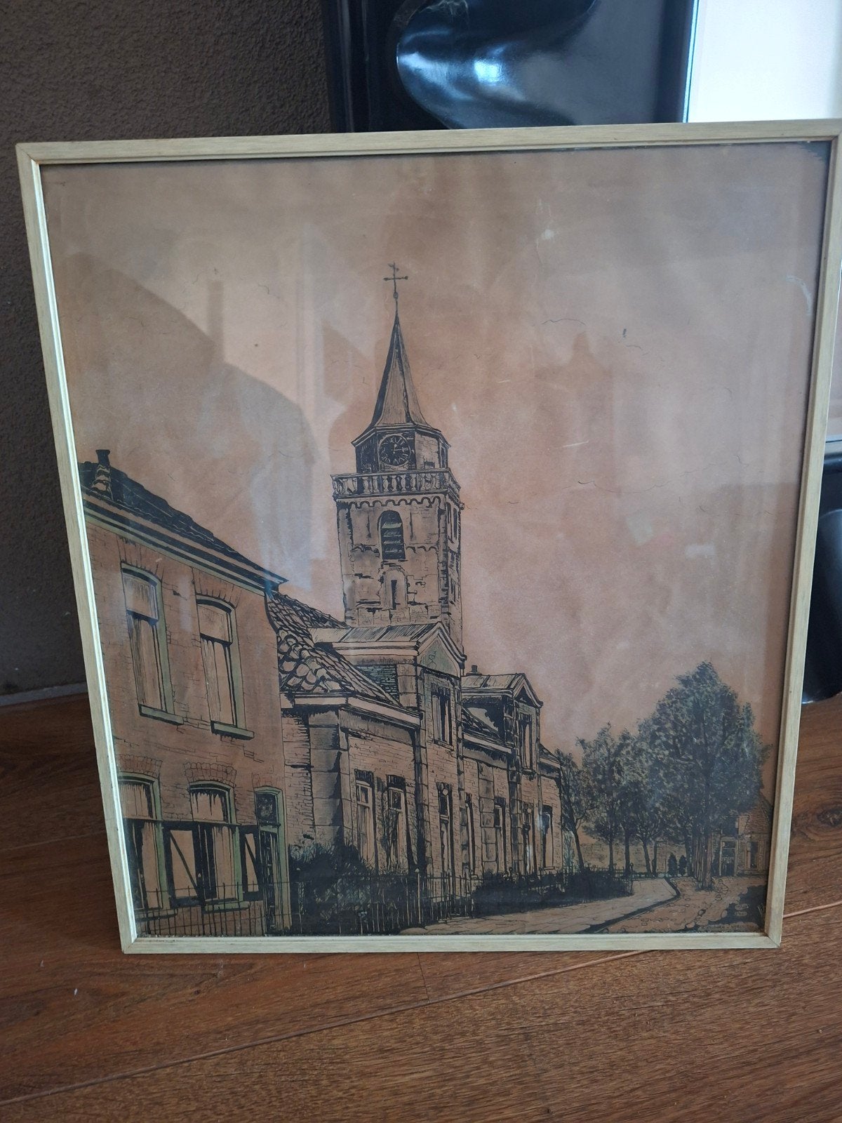 Oude prent van kerk en straatbeeld, Rijnsburg kerkstraat,ges, Ophalen of Verzenden, Prent, Ingelijst