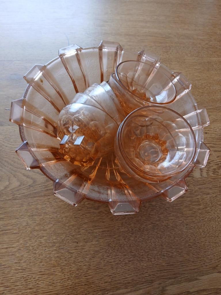 Vintage roze persglazen schaal met 6 coupes bowl, Ophalen of Verzenden