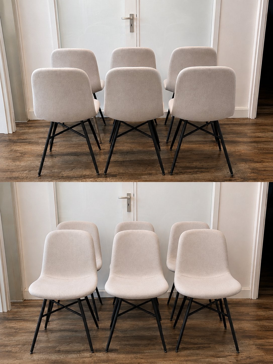 Set van 6 moderne eetkamerstoelen - Grijs stof, Huis en Inrichting, Ophalen of Verzenden, Zo goed als nieuw, Vijf, Zes of meer stoelen
