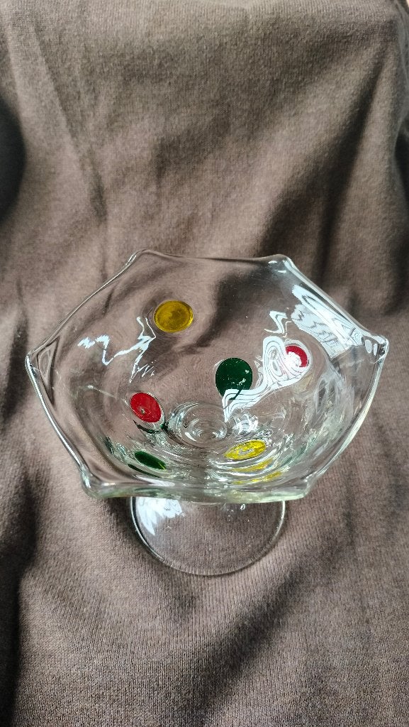 Hand geblazen glazen schaaltje op poot confettiflas, Ophalen of Verzenden