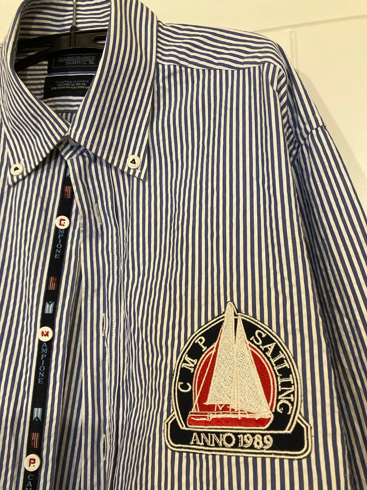 Claudio Campione Yachting XL gestreept overhemd, Kleding | Heren, Ophalen of Verzenden, Zo goed als nieuw, Blauw, Halswijdte 43/44 (XL)