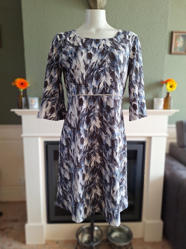 Senso suèdine grijs blauw trompet mouw jurk 38 M, Maat 38/40 (M), Senso, Zo goed als nieuw, Knielengte