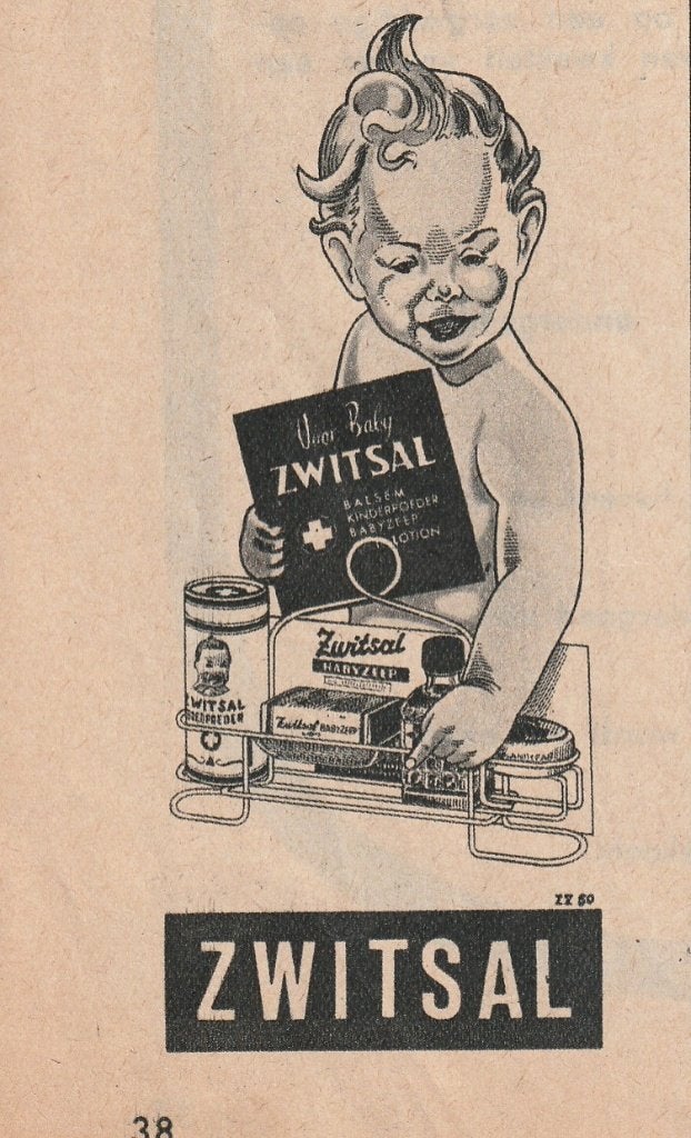 Retro reclame 1950 Zwitsal baby rekje babyset poederbus, Verzamelen, Retro, Verzenden, Overige typen