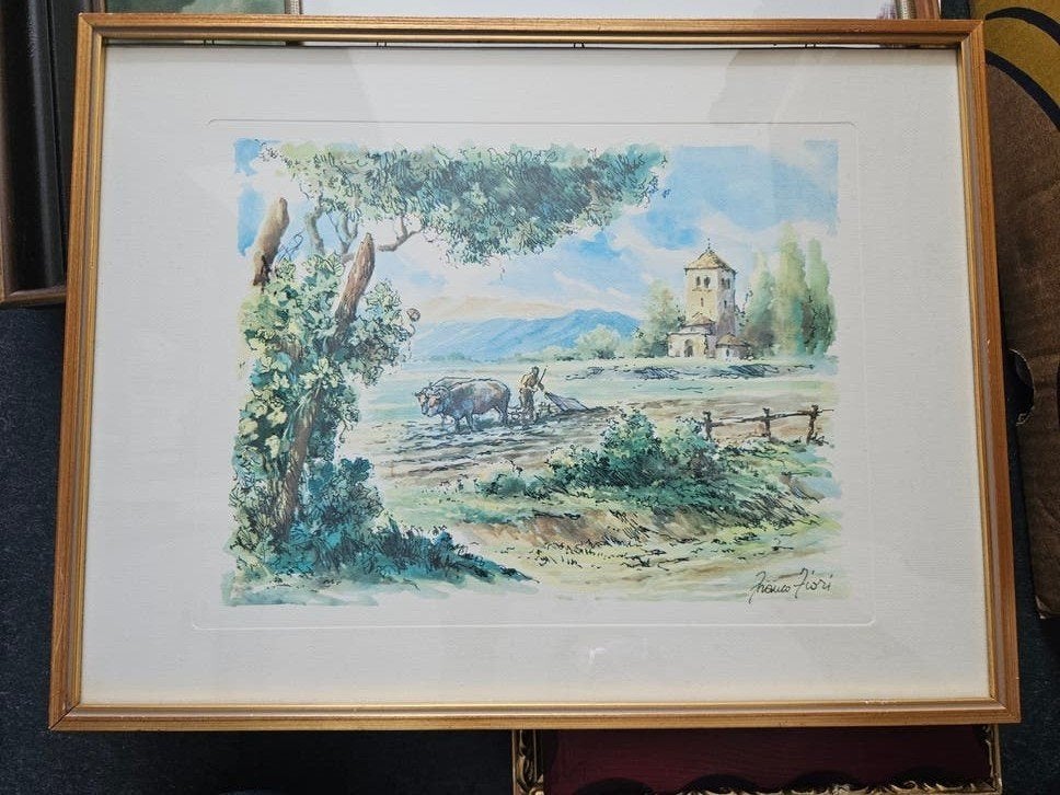 Ingelijste aquarel van Franco Fiori - Landschap, Antiek en Kunst, Realistisch, Ophalen of Verzenden, Landschap, Gesigneerd