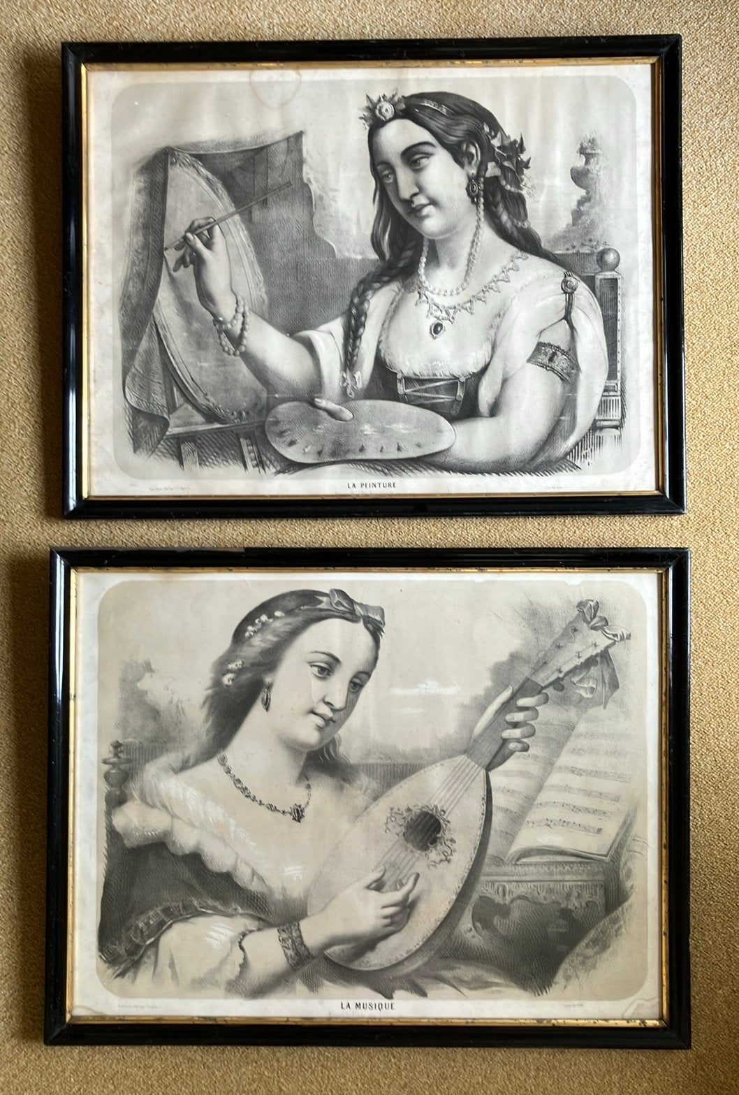 Twee franse gravures La Peinture et La Musique, Antiek en Kunst, Ophalen, 75 cm, 58 cm, Gravure