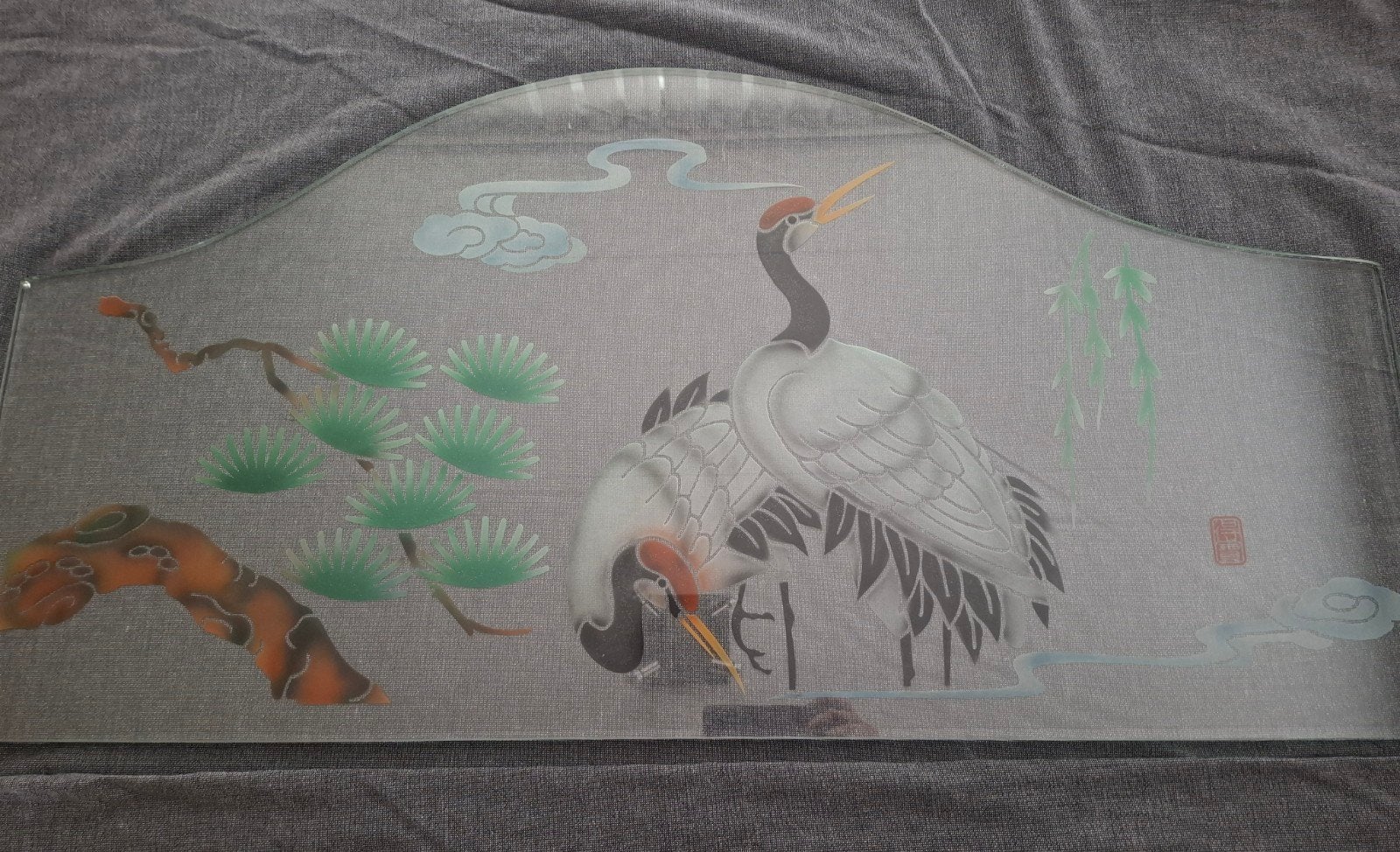 Decoratief Japans glaspaneel met kraanvogels, Antiek en Kunst, Antiek | Glas en Kristal, Ophalen