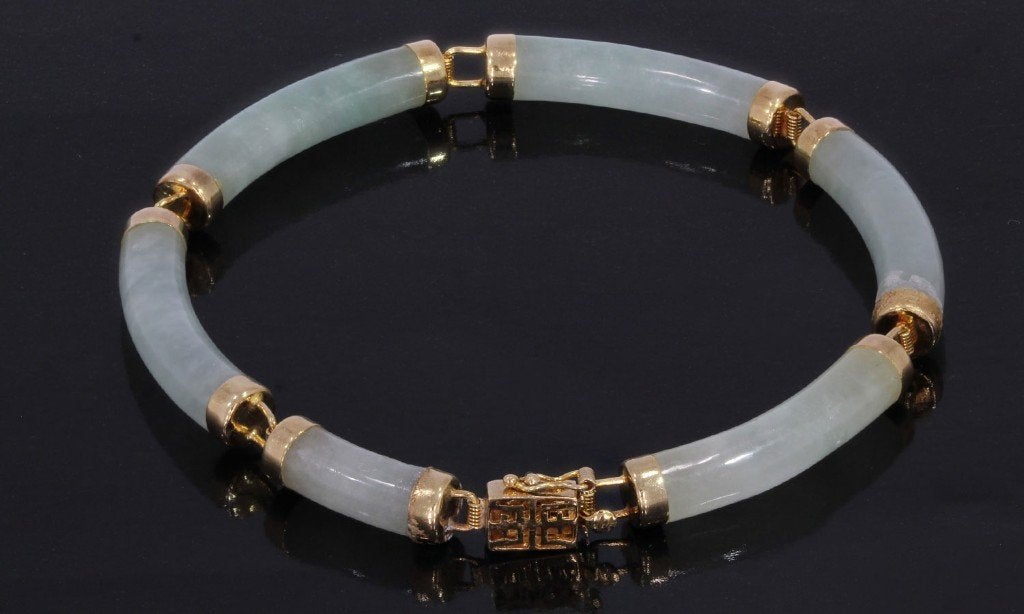 Groene Jade 14k gouden fraaie dames armband vintage antiek, Ophalen of Verzenden, Goud, Armband, Met edelsteen
