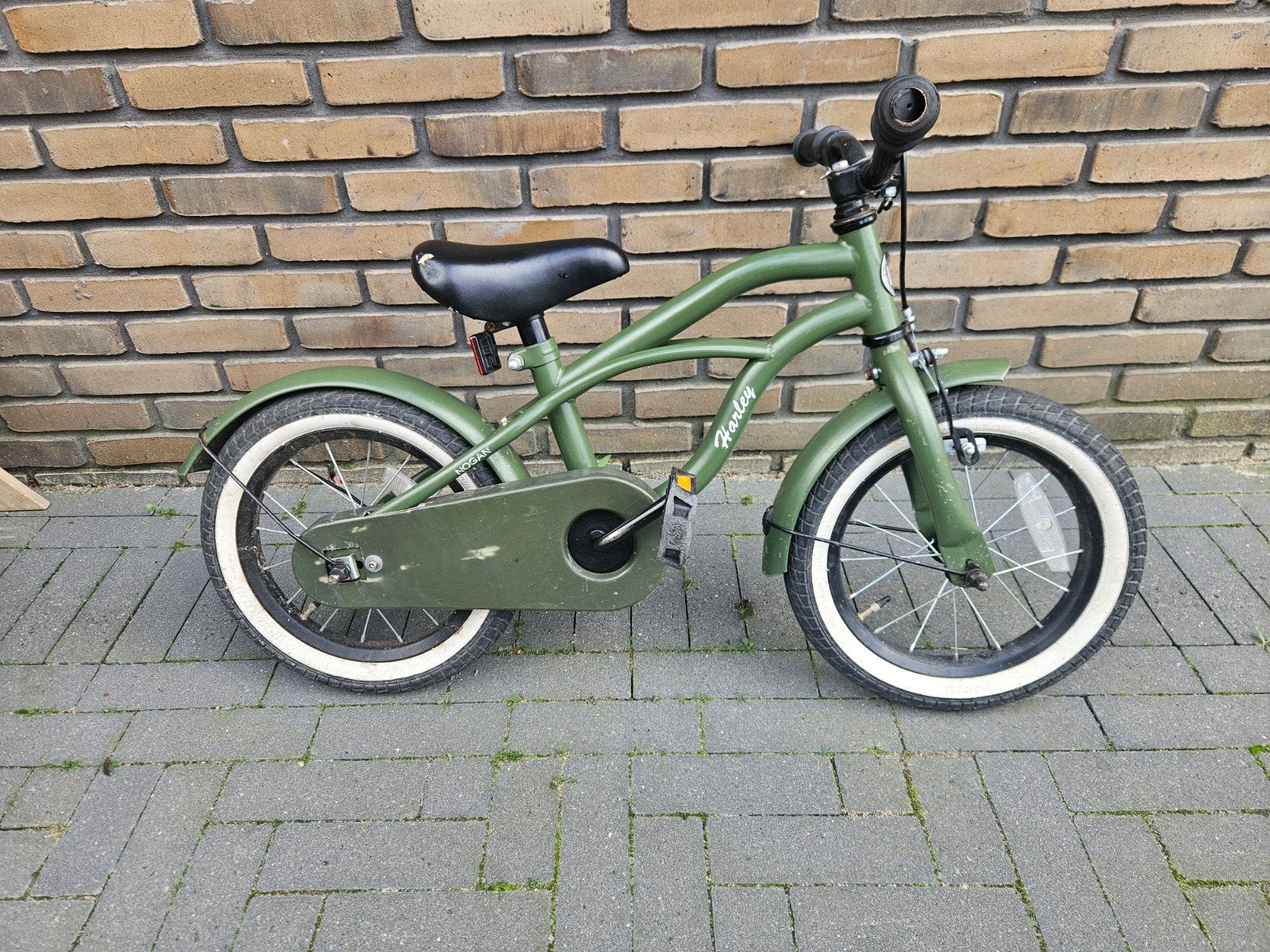 Stoere Nogan Harley Jongensfiets 14 inch – Legergroen, Ophalen, Gebruikt, Minder dan 16 inch, Terugtraprem