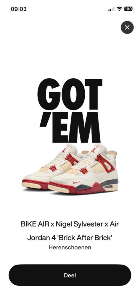 Nike Jordan 4 x Nigel Sylvester Brick After Brick maat 38,5, Wit, Nieuw, Ophalen of Verzenden, Sneakers of Gympen