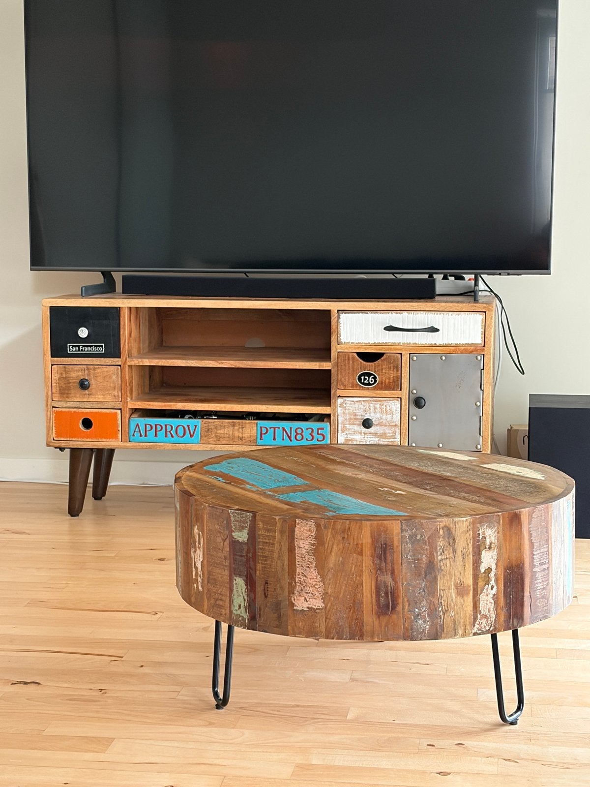 Unieke industriële tv-meubel eleonora cato en salontafel set, Huis en Inrichting, Ophalen, Gebruikt, 100 tot 150 cm, Minder dan 100 cm
