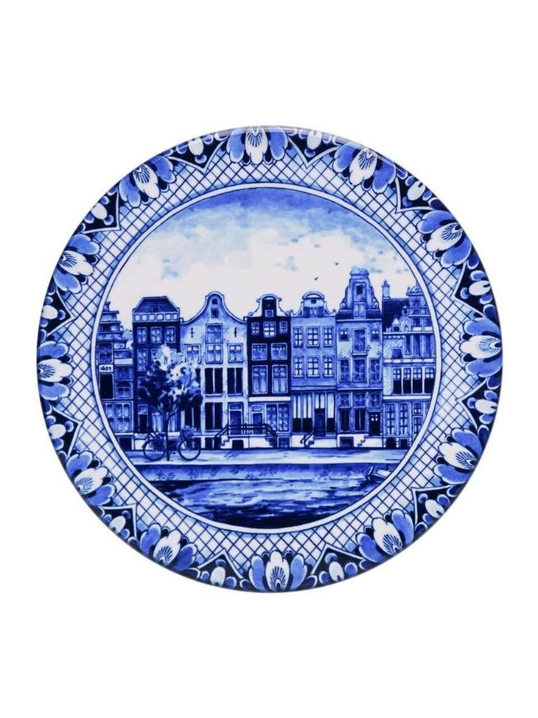 Heinen Delfts Blauw pannenonderzetter Grachtenpanden 18 cm, Overige merken, Keramiek, Overige typen, Ophalen of Verzenden
