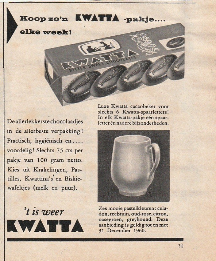 Retro reclame 1960 Kwatta cacao zes kleuren bekkers, Verzenden, Overige typen