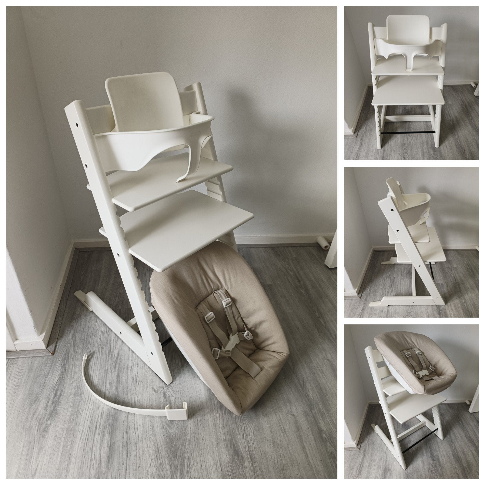 ZGAN! Stokke Tripp Trapp wit+babyset, newbornset evt. tray, Meegroeistoel, Ophalen of Verzenden, Zo goed als nieuw, Aanschuifbaar