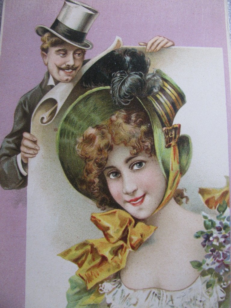 Antieke Art Nouveau Kaart - Dame & Heer met Hoed, Verzenden, Voor 1920, Ongelopen, Overige thema's