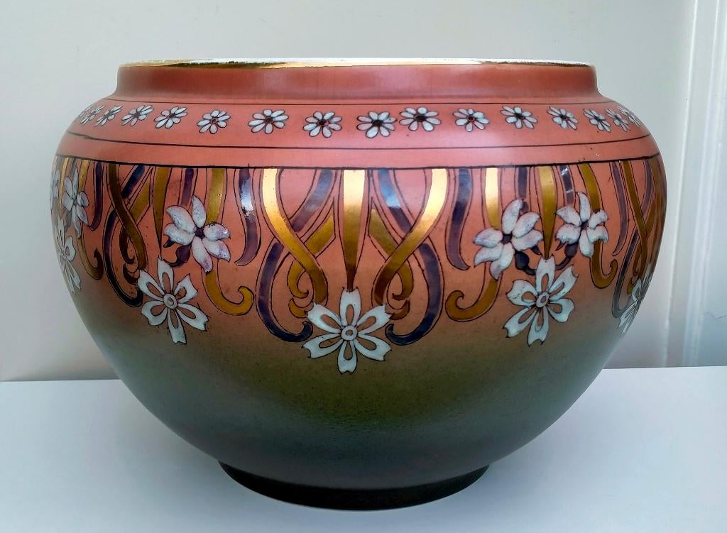 Antiek Art Nouveau Jugendstil Keramieken Jardinière Bloempot, 25 tot 40 cm, Overige materialen, Rond, Binnen