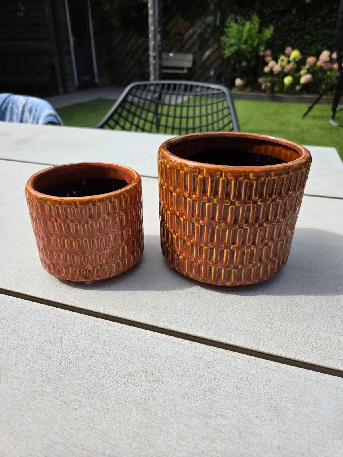 Set van 2 oranje bloempotten - Retro design, Ophalen, Zo goed als nieuw, Oranje, Natuurlijk materiaal