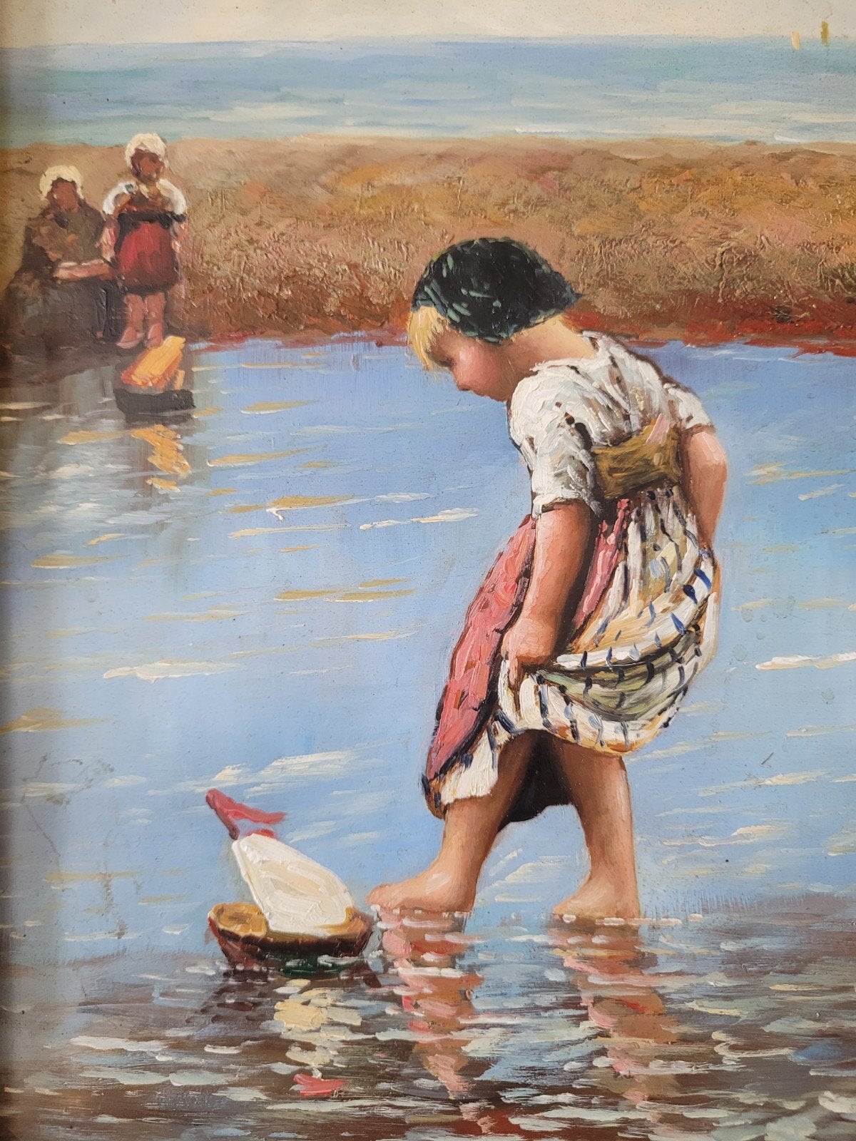 Paneeltje 'Strandtafereeltje' gesign. in goudkleurige lijst, Paneel, Portret of Personen, Oud hollands, Ophalen of Verzenden