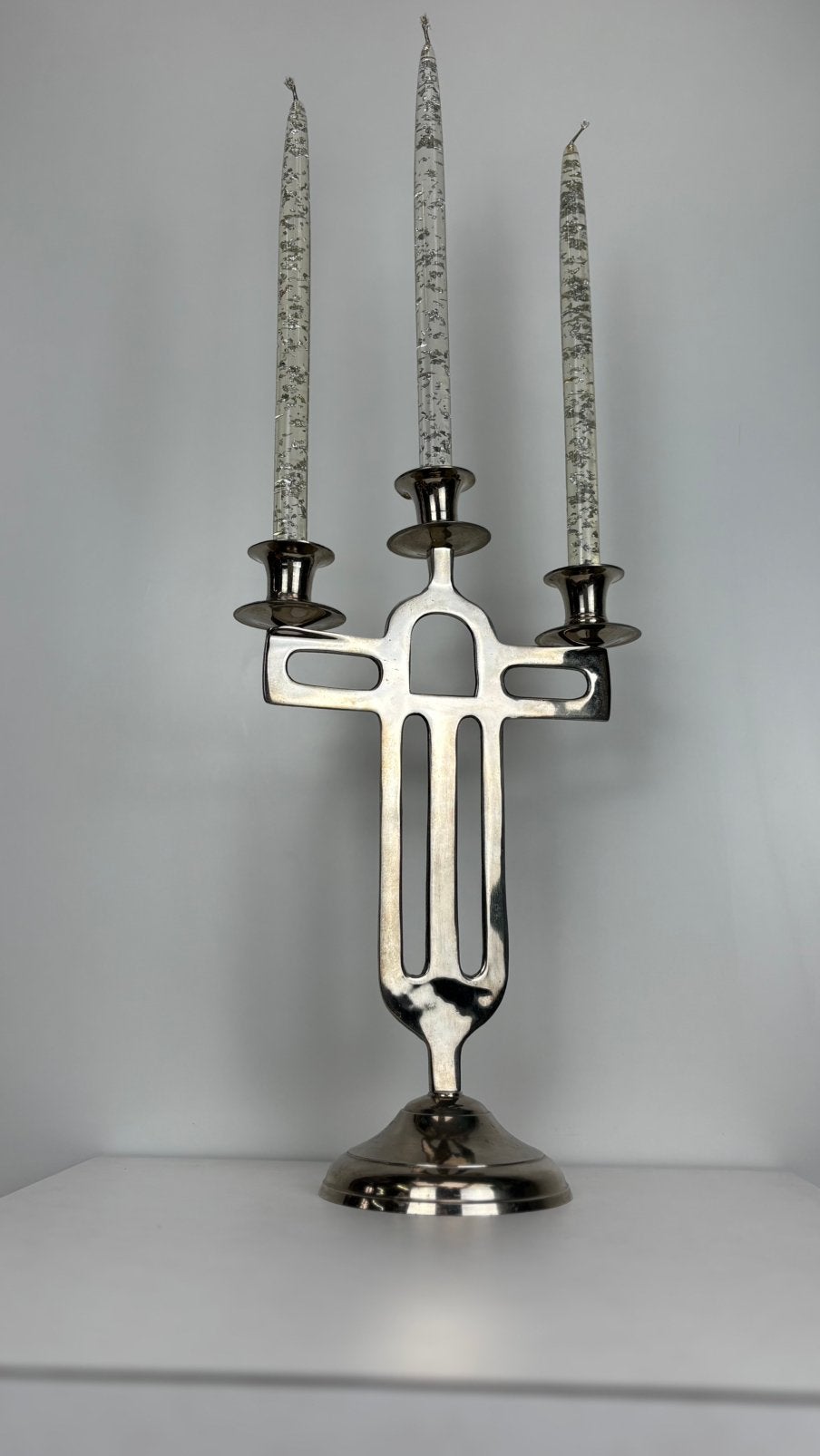 Vintage Art Deco tripod tafel diner kandelaar chroom design, Vintage, Overige materialen, 37 cm, Vintage