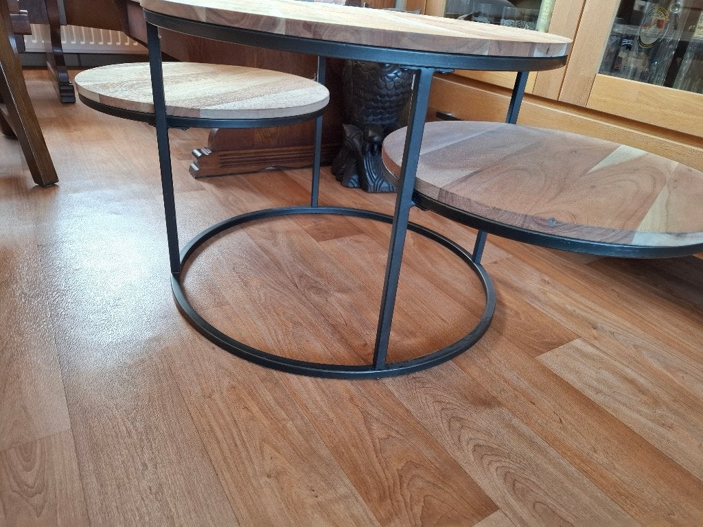 Salontafel met 3 ronde bladen - hout en metaal, 100 tot 150 cm, Modern, Industrieel, Rond, 50 tot 100 cm