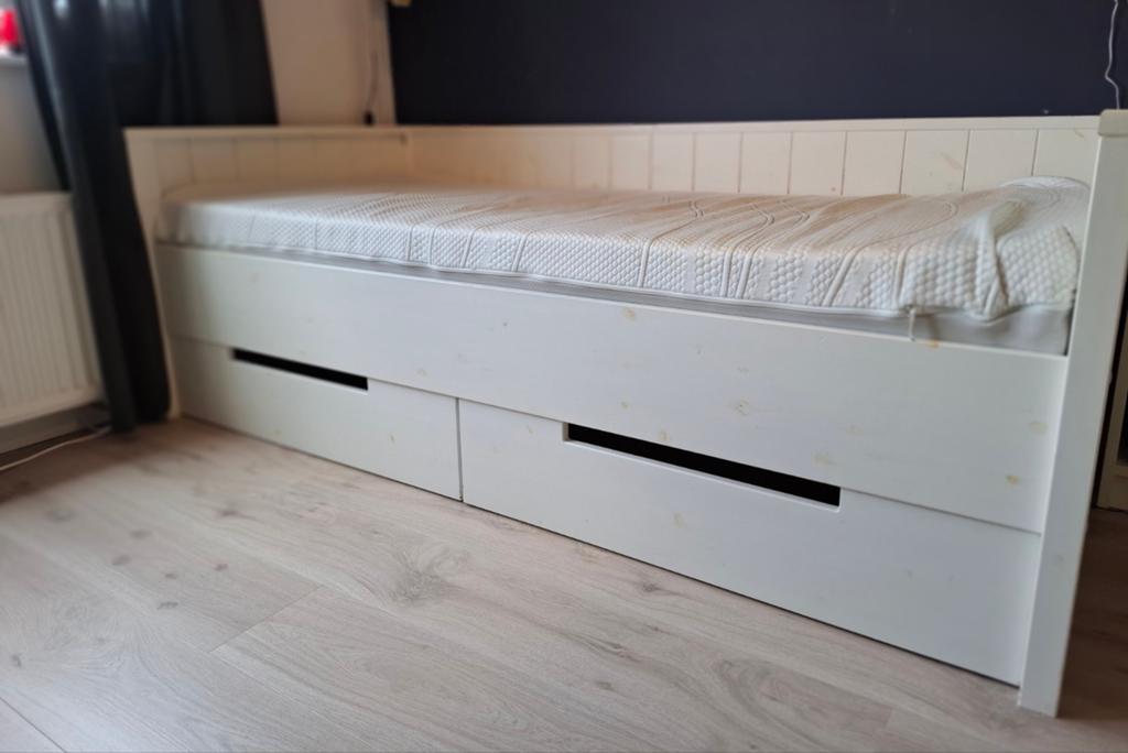 Witte bedbank VT wonen met opbergladen, Ophalen, Gebruikt, 90 cm, Eenpersoons