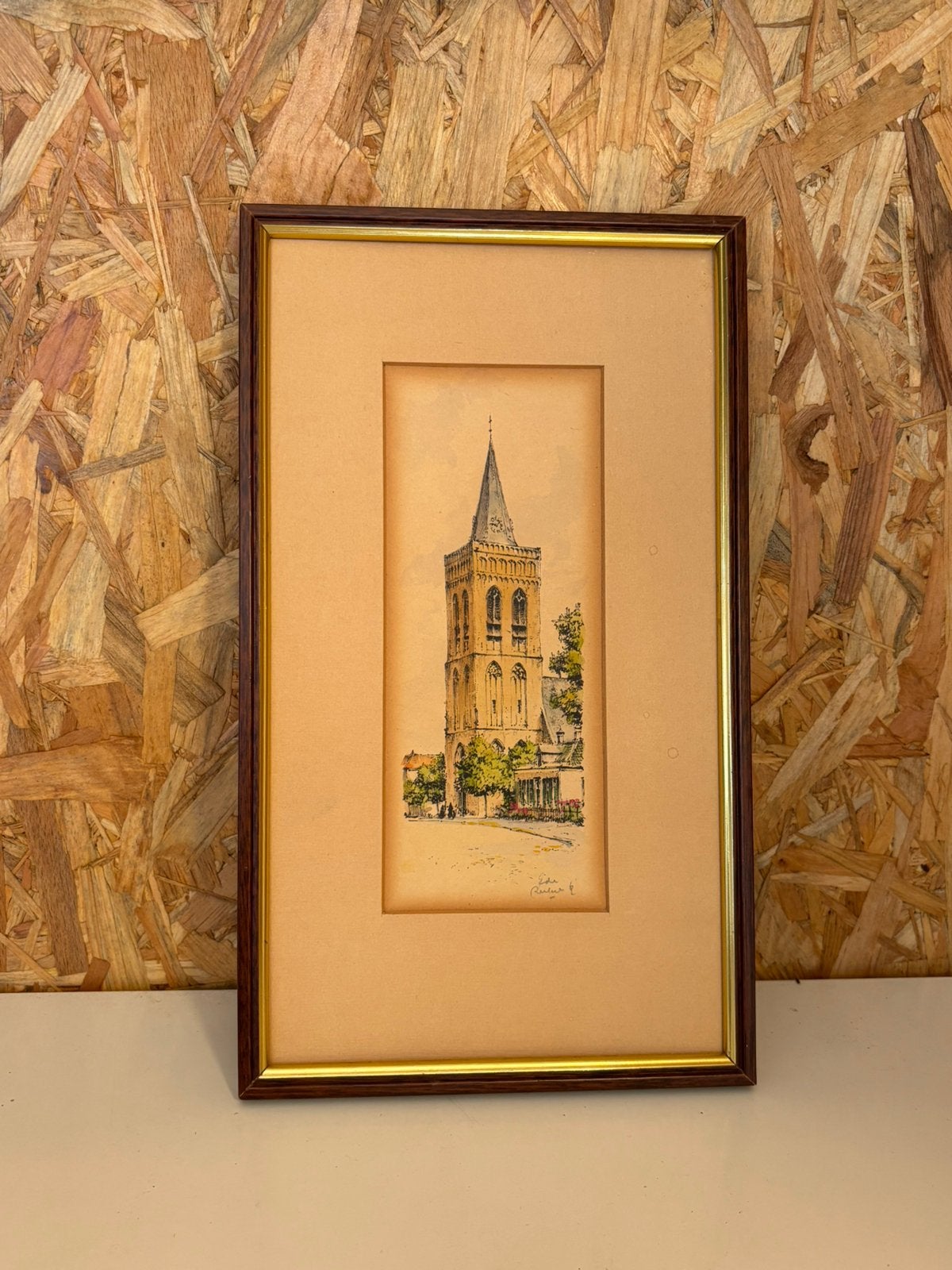 Ingelijste tekening Oude Kerk Ede – gesigneerd, Ophalen of Verzenden