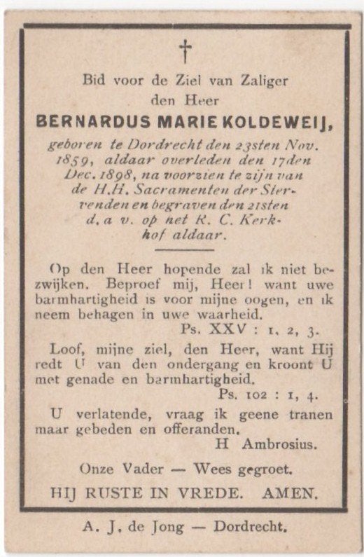 Bernardus Koldeweij 1859 Dordrecht + 1898 Dordrecht, 39 jaar, Ophalen of Verzenden