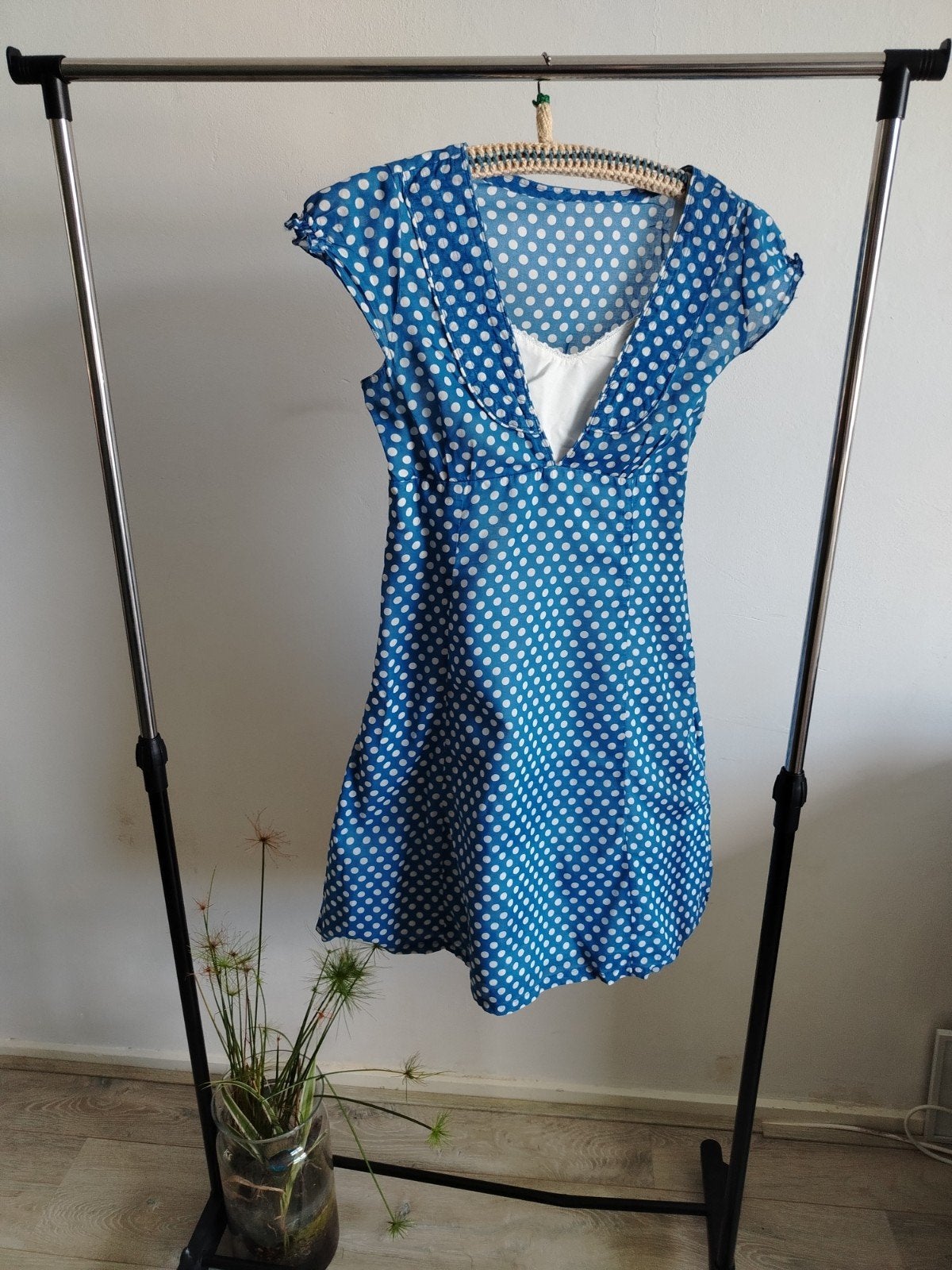 Vintage katoen blauwe jurk  polka dot 50s, Ophalen of Verzenden, Blauw, Boven de knie