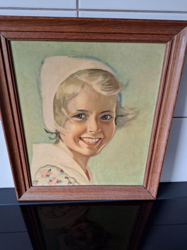 Vintage pasteltekening lachend meisje met kapje, Antiek en Kunst, Ophalen of Verzenden