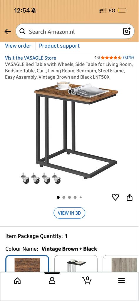 (Still in box) VASAGLE Bijzettafel met Wielen, Ophalen, 55 tot 75 cm, Zo goed als nieuw, 60 cm of meer