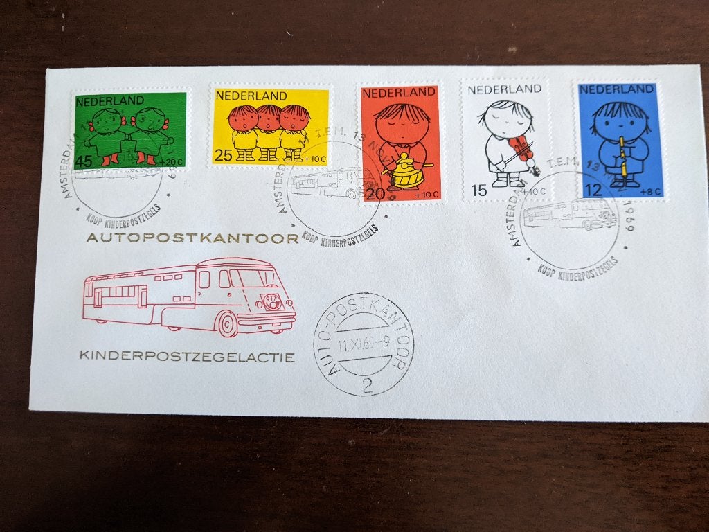 NL 1969 FDC KINDERPOSTZEGELACTIE A"DAM AUTOPOSTKANTOOR, Postzegels en Munten, Ophalen of Verzenden, Onbeschreven, Nederland