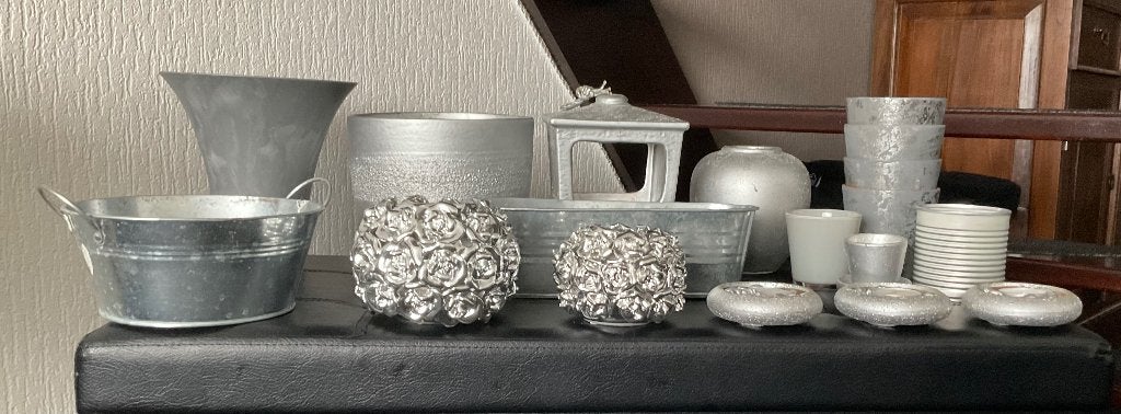 Zilver/grijse plantenpotten/vazen lichthouders, Ophalen, Rond, Aardewerk, Minder dan 40 cm