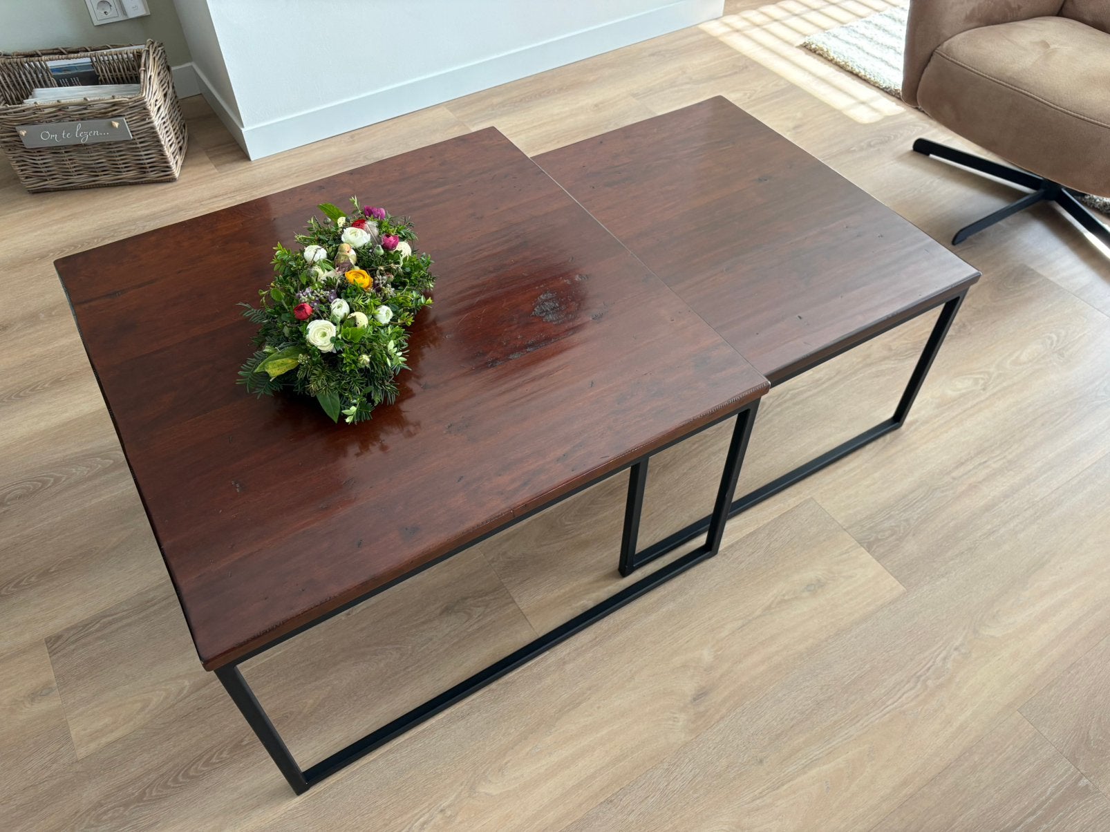 2 kersenhouten salontafels, Ophalen, 50 tot 100 cm, Vierkant, 50 tot 100 cm