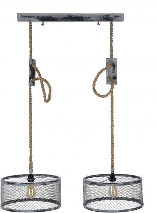 Industriële hanglamp met touw en metalen kappen, Ophalen, Gebruikt, Metaal, E27 (groot)