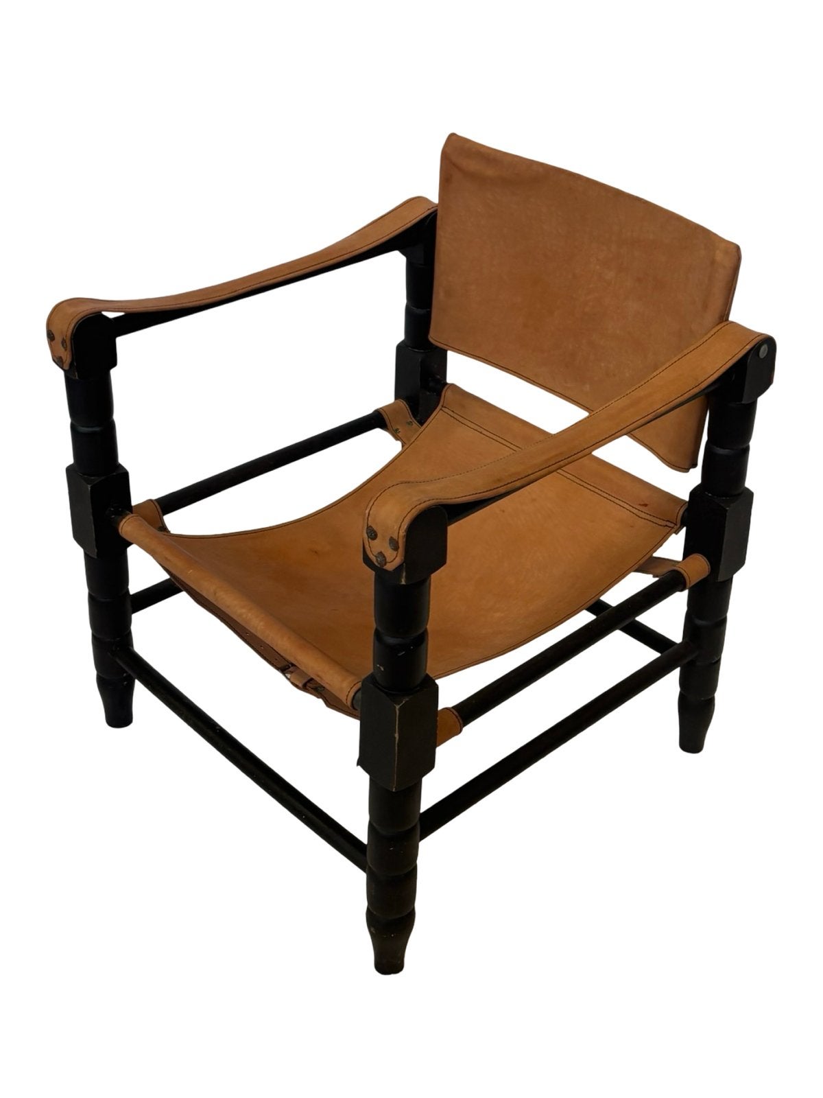 Vintage Safari fauteuil leer en hout jaren 60 design, Huis en Inrichting, Stoelen, Bruin, Vintage, Zo goed als nieuw, Eén