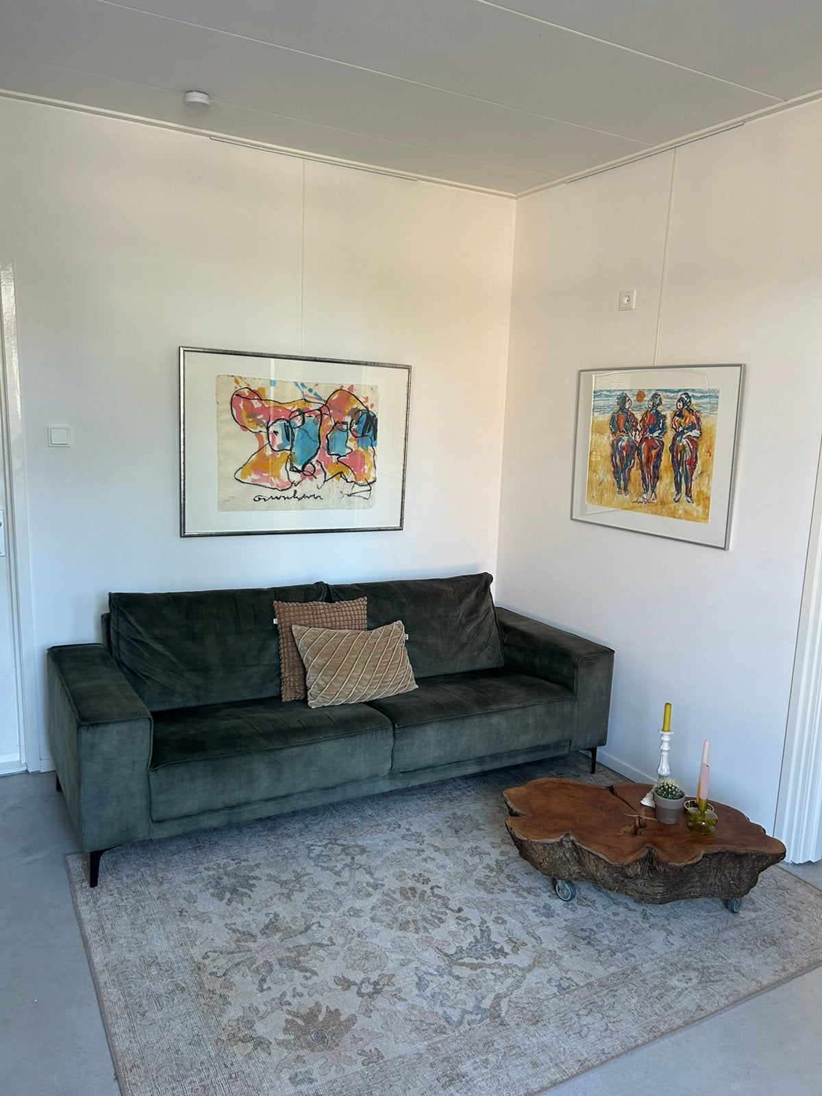 Comfortabele 2-zits bank en loveseat in groen velours, Ophalen, Overige maten, 75 tot 100 cm, Zo goed als nieuw