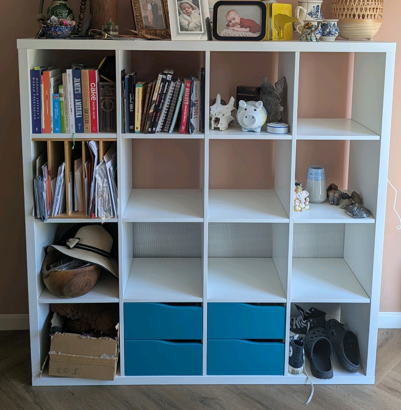 Wit IKEA Kallax 4x4 inclusief 2 inzetten met lades., Ophalen, Gebruikt, 100 tot 150 cm, 100 tot 150 cm