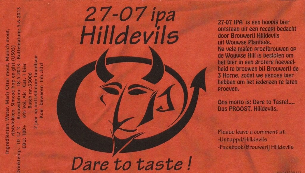 bieretiket Nederland Hilldevils 27-07 ipa, Verzamelen, Verzenden, Nieuw, Overige typen, Overige merken